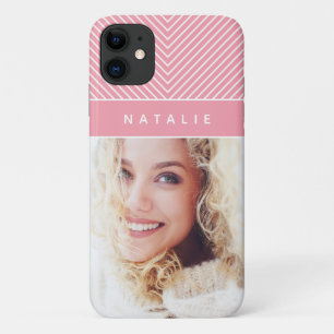 Modern, girly pink geometric stripe personalize iPhone 11 case