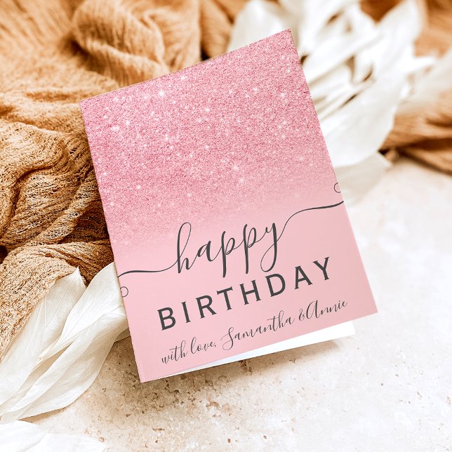 Modern girly pink glitter ombre 2 photo birthday card (Creator Uploaded)