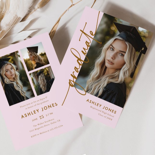 Modern Girly Pink & Gold 4 Photo Graduation Party Invitation (Creator Uploaded)