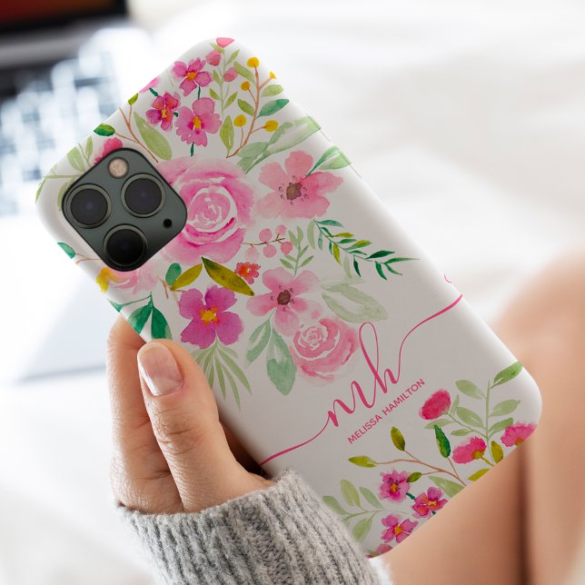 Modern girly pink green floral watercolor monogram Case-Mate iPhone case (Creator Uploaded)