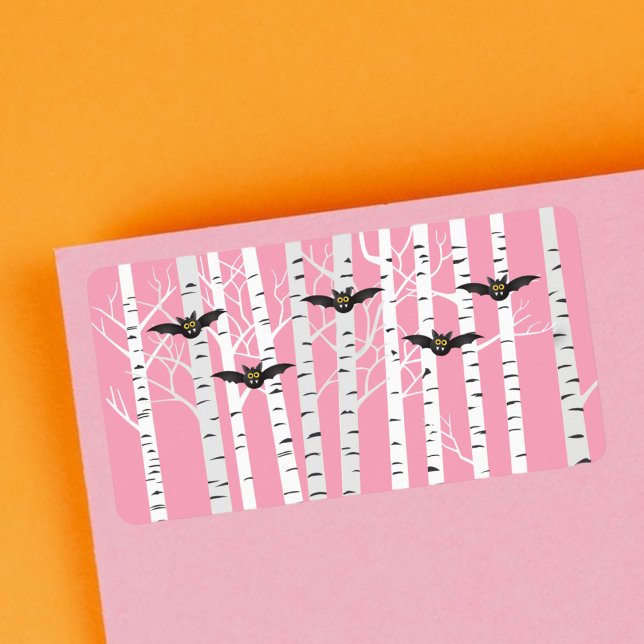 Modern Girly Pink Halloween Bats Birch Forest Label (Creator Uploaded)