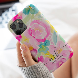 Modern girly pink loose floral watercolor monogram iPhone 13 mini case