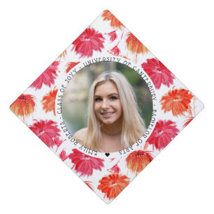 Modern Girly Pink Orange Floral Photo Graduation Cap Topper