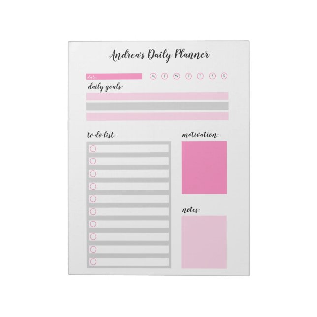 Modern Girly Pink Personalized Daily Planner Notepad (Rotated)