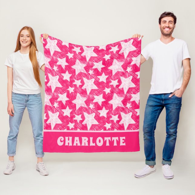 Modern Girly Pink Stars Pattern Personalized Name Fleece Blanket (In Situ)