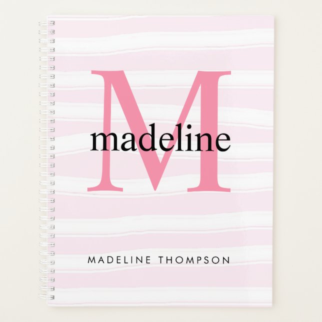 Modern Girly Pink Stripes Monogram Initial name Planner (Front)