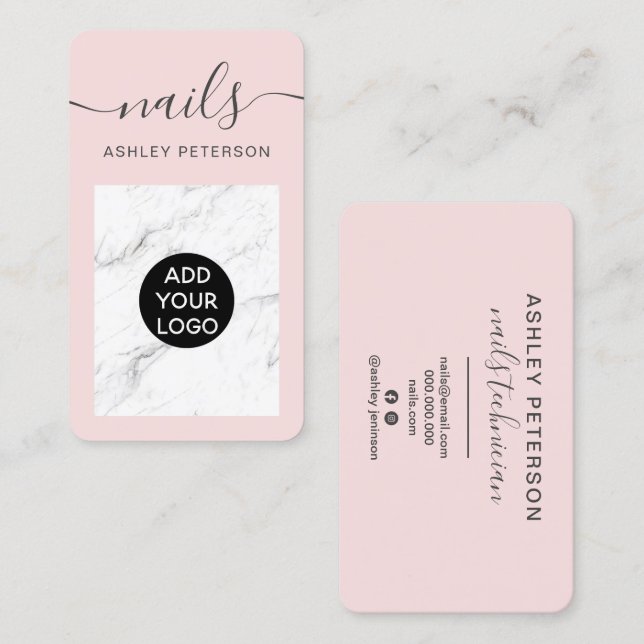 Modern girly pink white marble nails script business card (Front/Back)