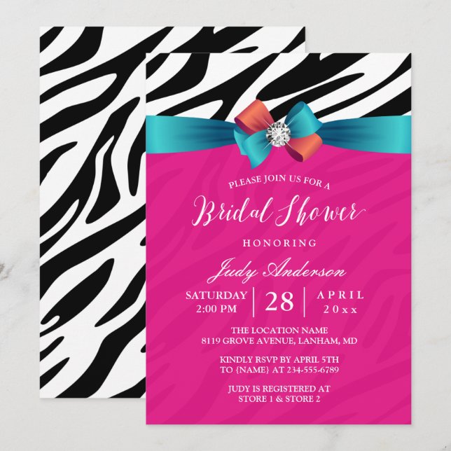 Modern Girly Pink Zebra Print Ribbon Bridal Shower Invitation (Front/Back)