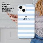 Modern Girly Pretty Blue Stripe Black Bow Monogram Case-Mate iPhone 14 Case<br><div class="desc">Introducing our new iPhone 14 case, designed with a stylish blue and white striped pattern that will surely turn heads. To add a touch of cuteness, we've included a small black bow on the front. And to make it truly personalized, the case can be monogrammed with your initials of choice....</div>