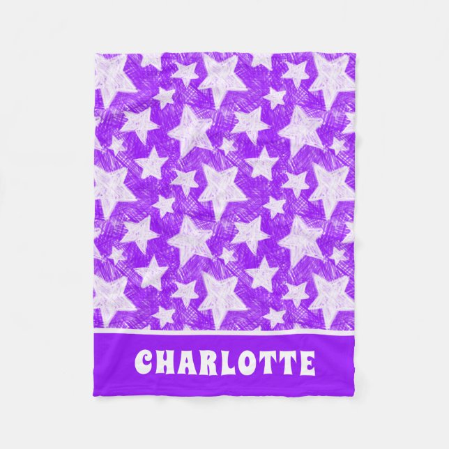 Modern Girly Purple Star Pattern Personalized Name Fleece Blanket (Front)