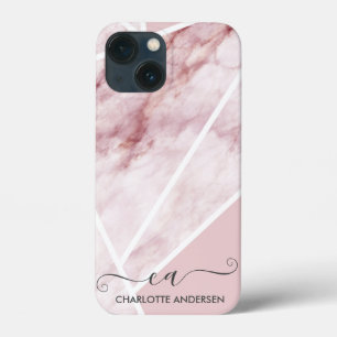 Modern Girly Rose Gold Geometric Monogram Name    iPhone 13 Mini Case