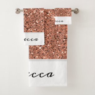 Modern Girly Rose Gold Glitter Monogrammed Bath Towel Set