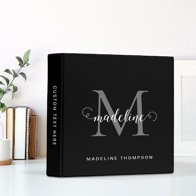 Modern Girly Script Black Grey Classic Monogram Binder (Creator Uploaded)