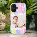 Modern Girly Stripe Heart Photo Personalized Name iPhone 16 Case<br><div class="desc">Modern Girly Stripe Heart Photo Personalized Name iPhone 16 Cases features a colourful stripe pattern in pink, purple, gren and yellow with your favourite photo accented with cute love hearts and personalized with your name in elegant calligraphy script typography. Personalize by editing the text in the text boxes provided. Designed...</div>