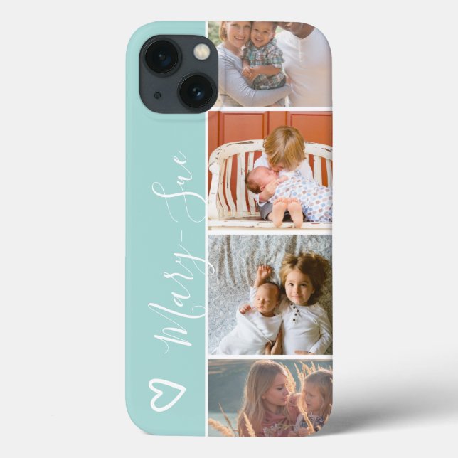 Modern girly teal heart name 4 photos collage grid Case-Mate iPhone case (Back)