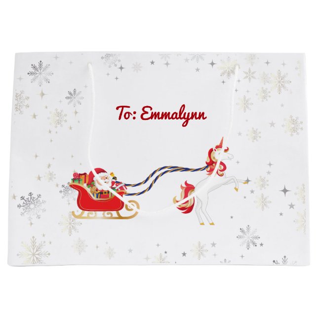 Modern Girly Unicorn Santa Snowflakes Name Xmas Large Gift Bag (Front)