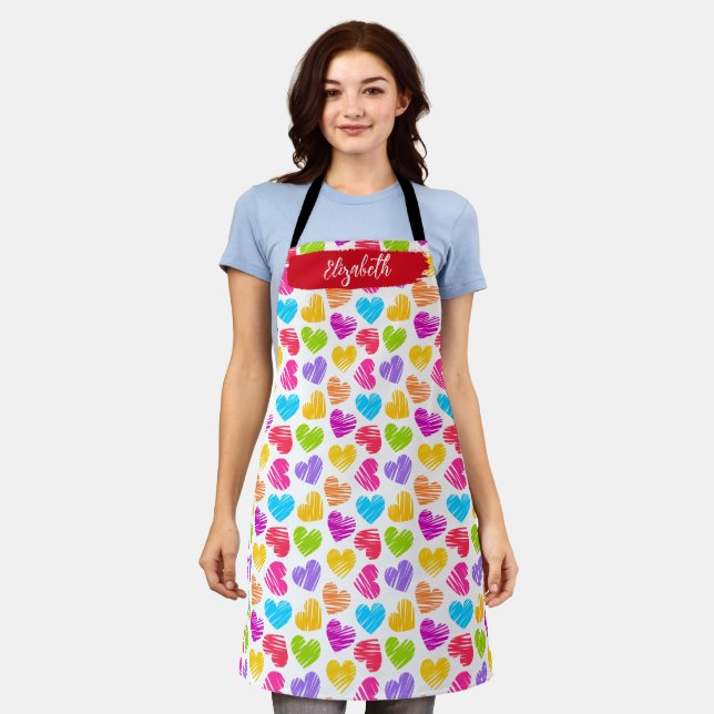 Modern Girly Vibrant Doodled Hearts Pattern Name Apron (Worn)