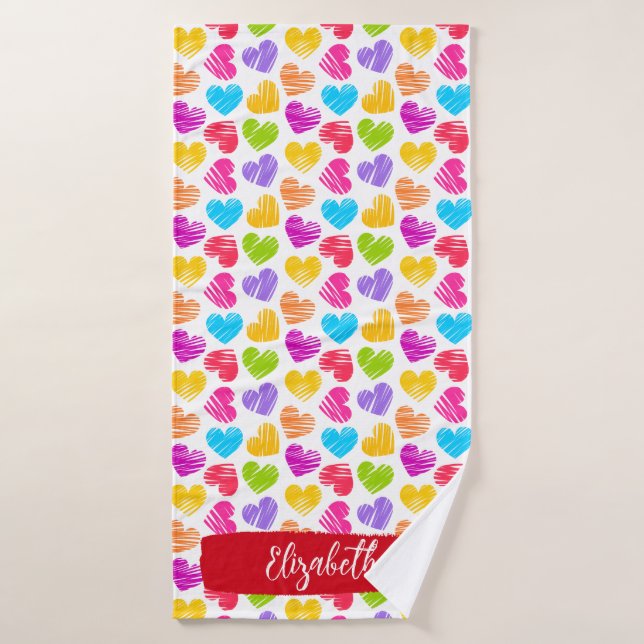 Modern Girly Vibrant Doodled Hearts Pattern Name Bath Towel (Bath Towel)