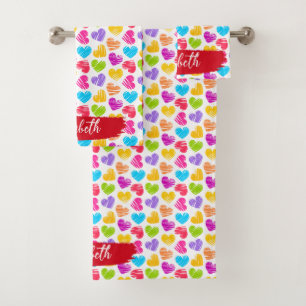 Modern Girly Vibrant Doodled Hearts Pattern Name Bath Towel Set