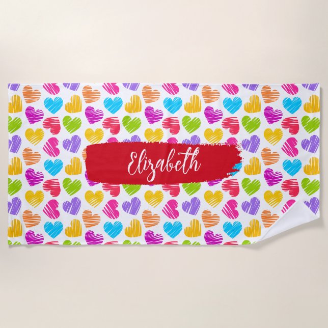 Modern Girly Vibrant Doodled Hearts Pattern Name Beach Towel (Front)