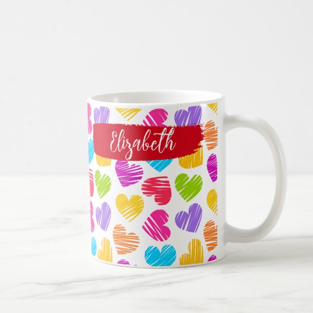 Modern Girly Vibrant Doodled Hearts Pattern Name Coffee Mug (Right)