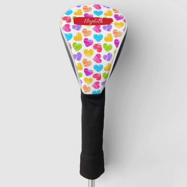 Modern Girly Vibrant Doodled Hearts Pattern Name Golf Head Cover (Front)