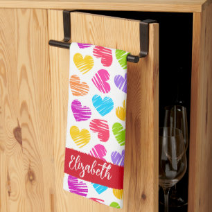 Modern Girly Vibrant Doodled Hearts Pattern Name Kitchen Towel