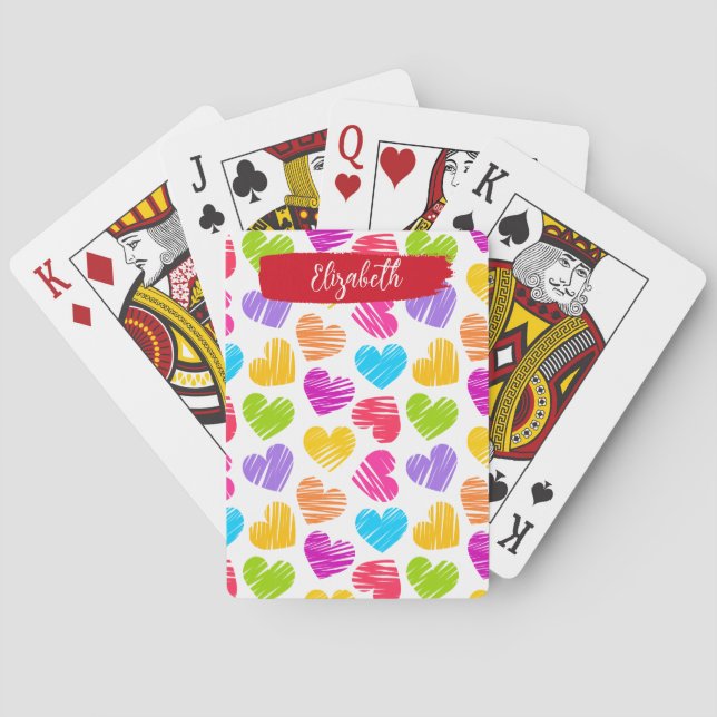 Modern Girly Vibrant Doodled Hearts Pattern Name Playing Cards (Back)