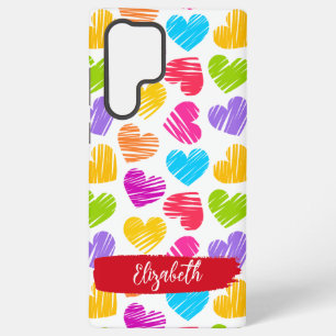 Modern Girly Vibrant Doodled Hearts Pattern Name Samsung Galaxy Case