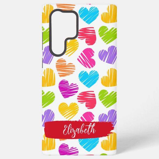 Modern Girly Vibrant Doodled Hearts Pattern Name Samsung Galaxy S22 Ultra Case (Back)