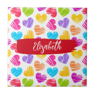 Modern Girly Vibrant Doodled Hearts Pattern Name Tile