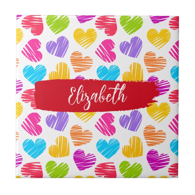 Modern Girly Vibrant Doodled Hearts Pattern Name Tile (Front)
