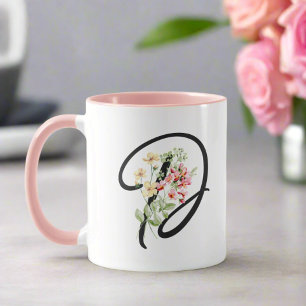 Modern Girly Watercolor Flowers Initial "D" Mug