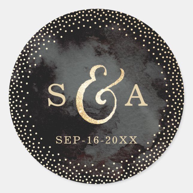 Modern glam black faux gold glitter monogram classic round sticker (Front)