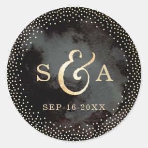 Modern glam black faux gold glitter monogram classic round sticker
