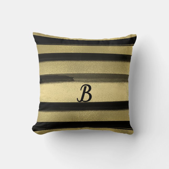 Modern Glam Black & Gold Brush Stroke Stripe Chic Throw Pillow (Front)