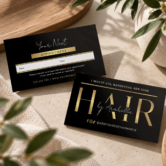 Modern Glam Black & Gold Chic Hair Stylist Salon Appointment Card