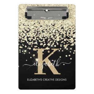 Modern Glam Black Gold Glitter Monogram Signature Mini Clipboard