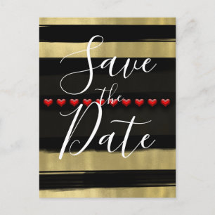 Modern Glam Black & Gold Red Hearts Save the Date Announcement Postcard