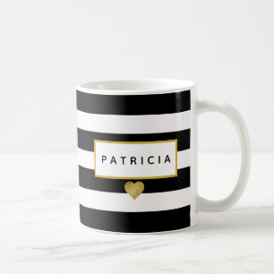 Modern Glam Black Stripes Metallic Gold Heart Coffee Mug