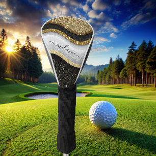 Modern Glam Black White Gold Glitter Name Golf Head Cover