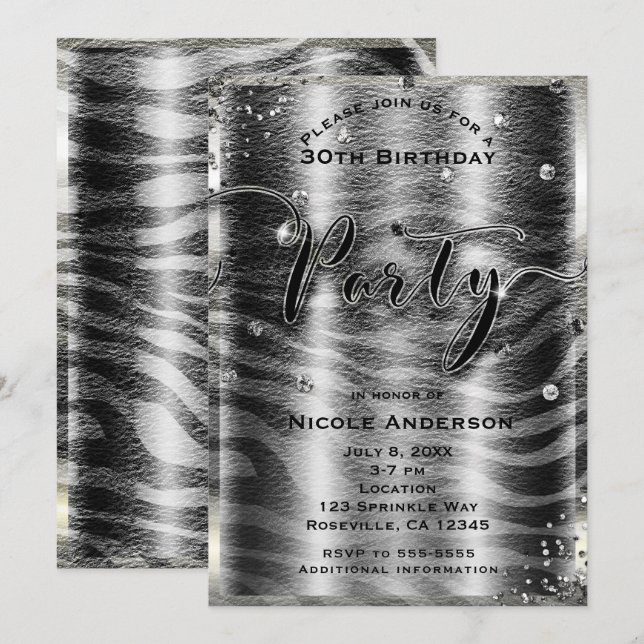Modern Glam Black White Zebra & Silver Bling Party Invitation (Front/Back)