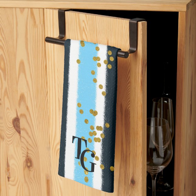 Modern Glam Blue Stripe Gold Glitter Monogram Kitchen Towel (Thirds Fold)