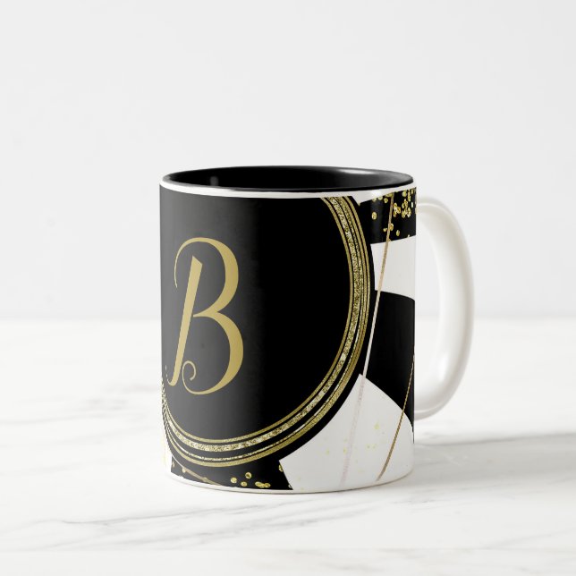 Modern Glam Deco Black White Gold Girly Unique Two-Tone Coffee Mug (Front Right)