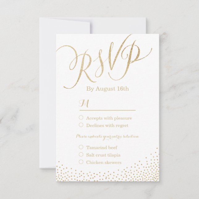 Modern glam faux gold glitter calligraphy RSVP (Front)