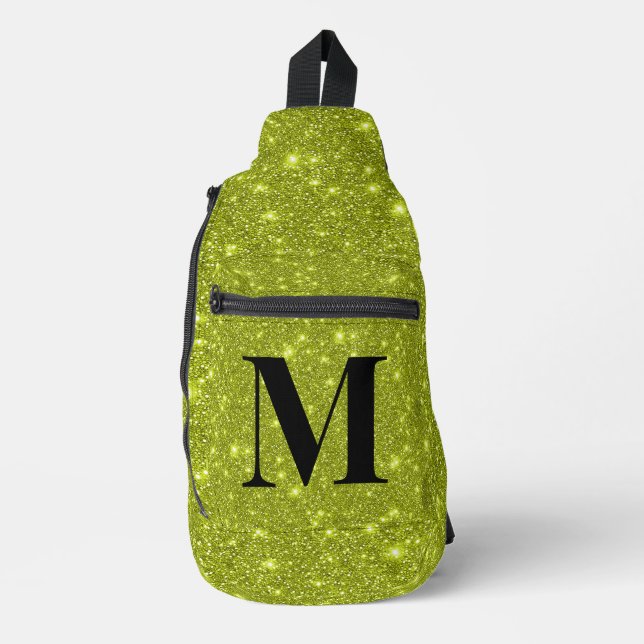 Modern Glam Glittery Lime Yellow Sparkling Initial Sling Bag (Front)