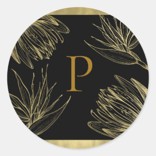 Modern Glam Gold & Black Tropical Botanical Floral Classic Round Sticker