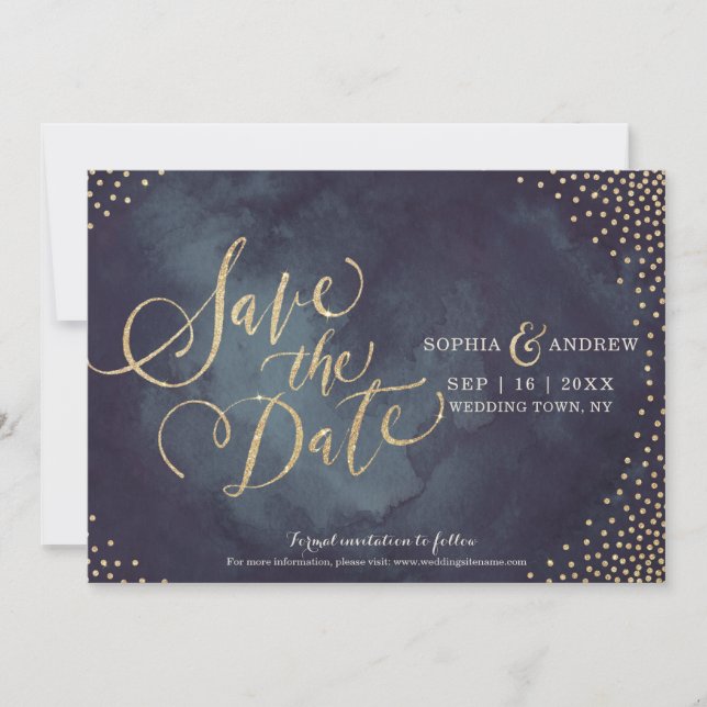 Modern glam gold glitter calligraphy save the date (Front)