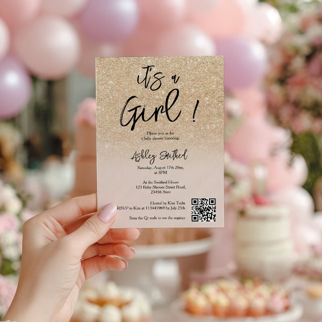 Modern Glam Gold Glitter Pink Ombre Girl Baby Show Invitation (Modern Glam Gold Glitter Pink Ombre Girl Baby Show Invitation)