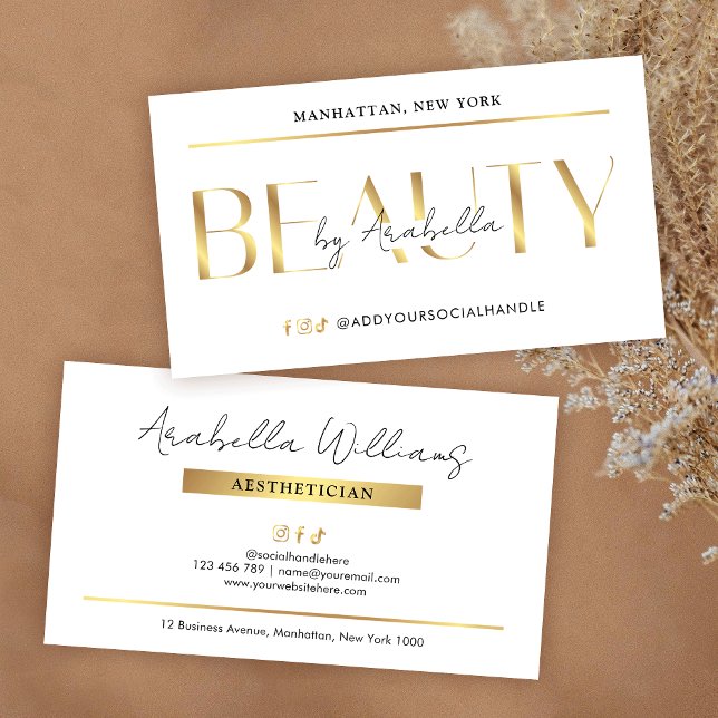 Modern Glam Gold Lash Beauty Salon Aesthetician Business Card (Elegant beauty business cards with faux gold effects, modern layout and space for your contact info)